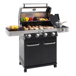 Monument Grills 4-Burner Propane Gas Grill In Black Porcelain Enamel With Clear View Lid, LED Controls, And Side Burner