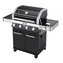 Monument Grills 4-Burner Propane Gas Grill In Black Porcelain Enamel With Clear View Lid, LED Controls, And Side Burner -Kitchen BBQ Sale 24633 03
