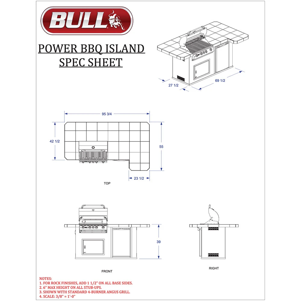 Bull BBQ Fully-Assembled 8 Ft. Power BBQ BBQ Island With 30-Inch Lonestar Grill, Fridge And 30-Inch Double Door - Rock Base And Tile Countertop 4 Bull BBQ Fully-Assembled 8 Ft. Power BBQ BBQ Island With 30-Inch Lonestar Grill, Fridge And 30-Inch Double Door - Rock Base And Tile Countertop - Image 2