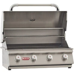 Bull BBQ Fully-Assembled 6 Ft. Power-Q BBQ Island With 30-Inch Outlaw Grill, Fridge And 30-Inch Double Door - Stucco Base And Tile Countertop -Kitchen BBQ Sale Bull BBQ Outlaw 30 Inch 4 Burner Built In Natural Gas Grill 26039 Angle View Open