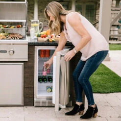 Coyote Ready-To-Assemble 6 Ft. Deluxe Outdoor Kitchen Island For Natural Gas Grill And Access Door - Brown Stacked Stone -Kitchen BBQ Sale Coyote 21 Inch 4 1 Cu Ft Right Hinge Outdoor Rated Compact Refrigerator CBIR R Lifestyle Open