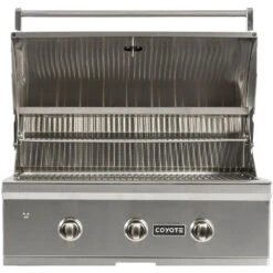 Coyote Ready-To-Assemble 6 Ft. Outdoor Kitchen Island For Natural Gas Grill And Access Door - White Stacked Stone -Kitchen BBQ Sale Coyote C Series 34 Inch 3 Burner Built In Natural Gas Grill C2C34NG Open 2