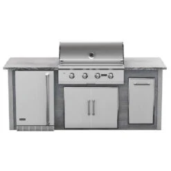 Coyote Ready-To-Assemble 8 Ft. Outdoor Kitchen Island For C-Series Gas Grill, Double Doors, Trash Bin And Outdoor Refrigerator - Gray Weathered Wood