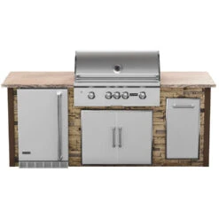 Coyote Ready-To-Assemble 8 Ft. Premium Outdoor Kitchen Island For S-Series Gas Grill, Double Doors, Trash Bin And Outdoor Refrigerator - Brown Stacked Stone
