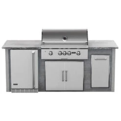 Coyote Ready-To-Assemble 8 Ft. Premium Outdoor Kitchen Island For S-Series Gas Grill, Double Doors, Trash Bin And Outdoor Refrigerator - Gray Weathered Wood
