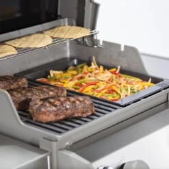 Weber Grills Porcelain-Enameled Cast-Iron Griddle For Spirit II 200/300 & Spirit 200/300 Series Grills -Kitchen BBQ Sale Weber 7658 griddle spiritII placed in grill cooking vegetables